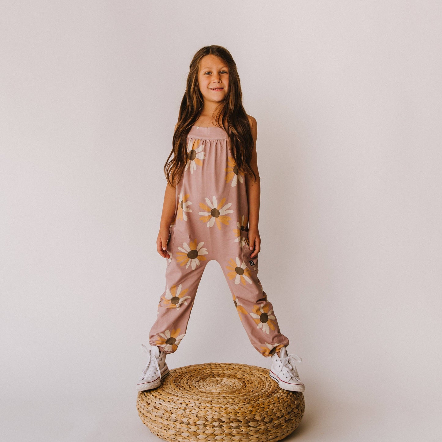 Gathered Strappy Tank Rag Romper With Side Pockets- Purple Daisies