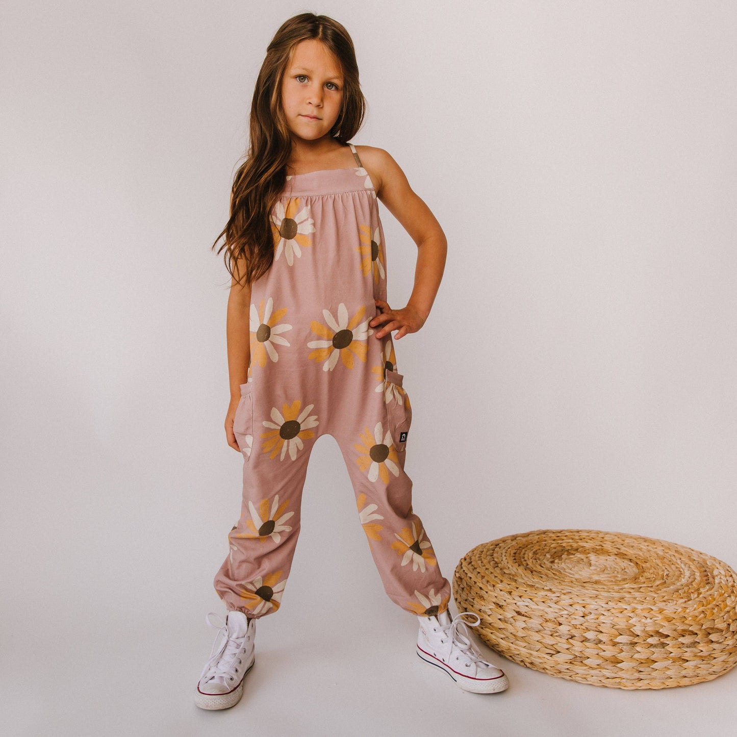 Gathered Strappy Tank Rag Romper With Side Pockets- Purple Daisies