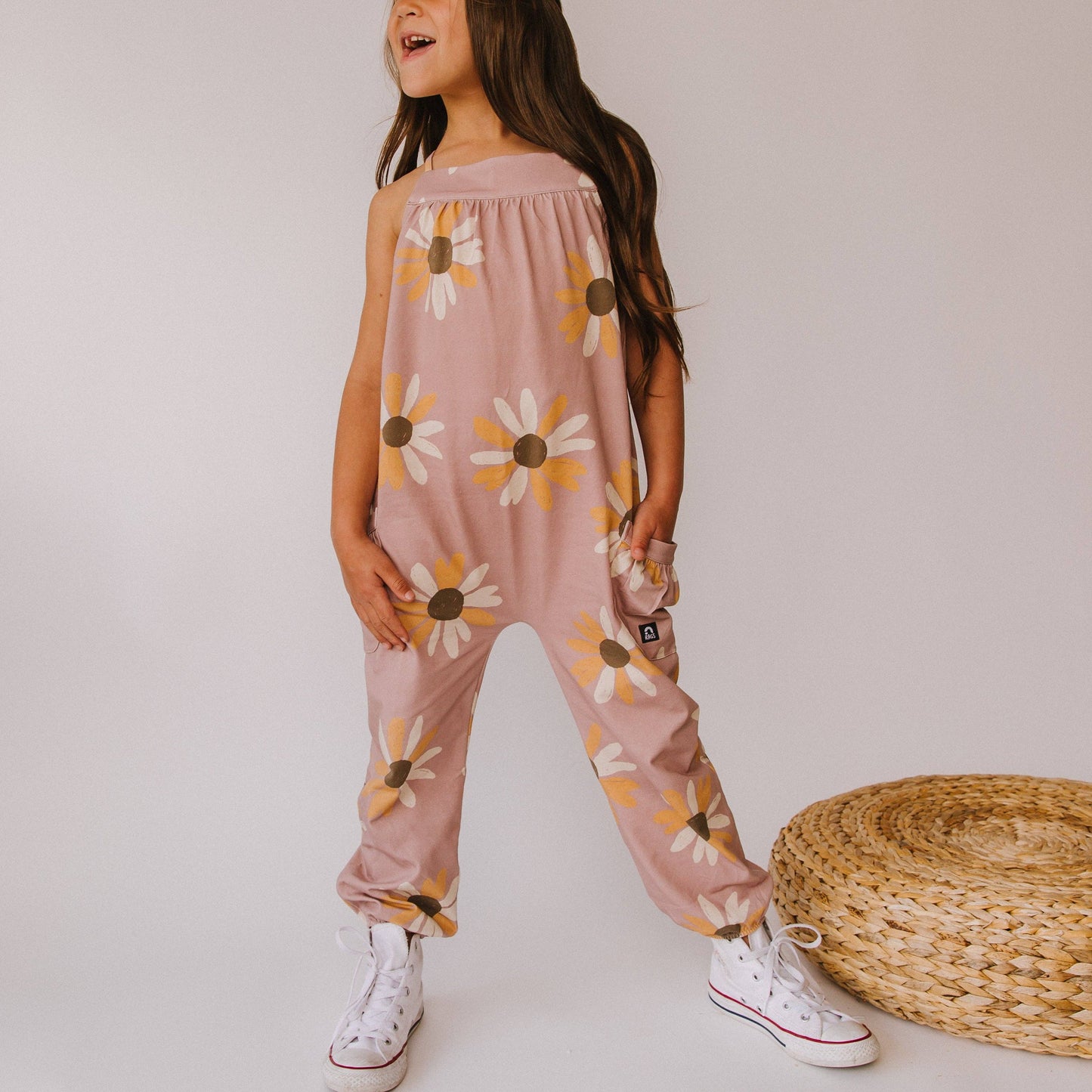 Gathered Strappy Tank Rag Romper With Side Pockets- Purple Daisies