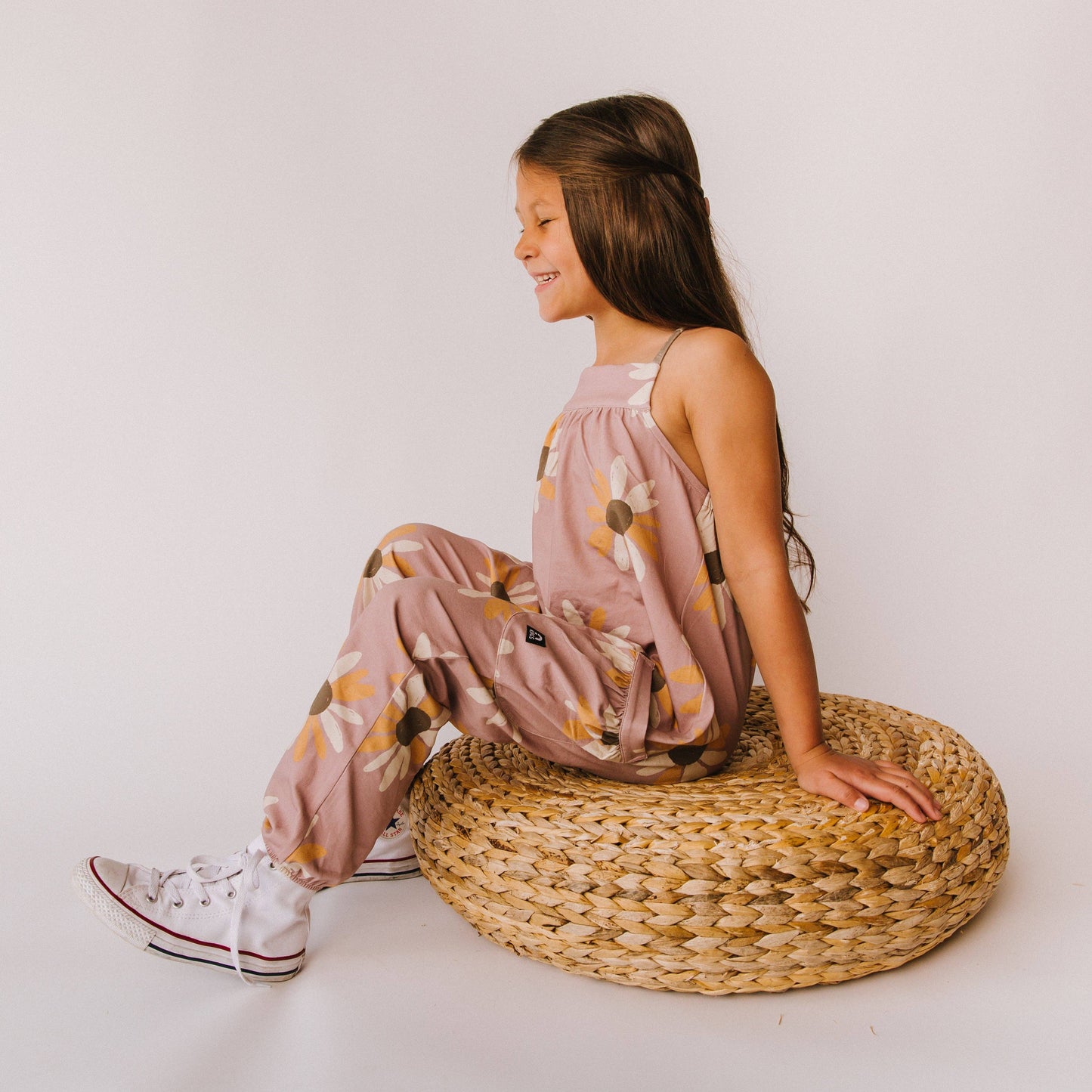 Gathered Strappy Tank Rag Romper With Side Pockets- Purple Daisies