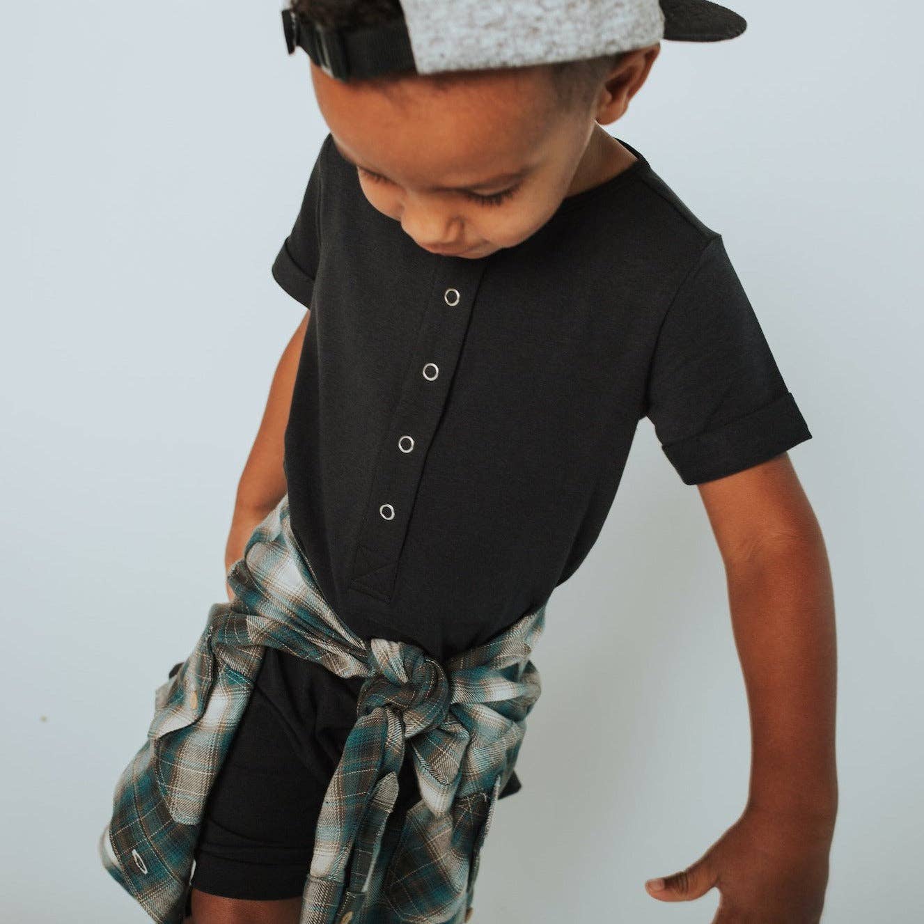 Short Sleeve Henley Short Essentials Rag Romper - 'Rag in Neutral Colors'